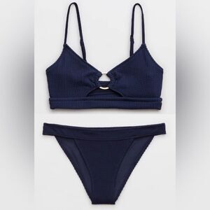 NWT Aerie FULL SET Crinkle Scoop Cutout Top + Banded Cheeky Bottom Navy Blue S